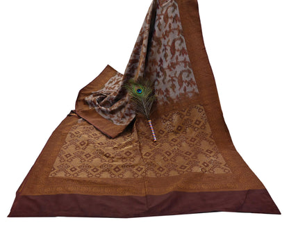 Indian Vintage Heavy Saree Brown & Gray 100% Pure Silk Hand Woven Ikat Sari Fabric 5Yard Ethnic Floral Soft Fabric zari