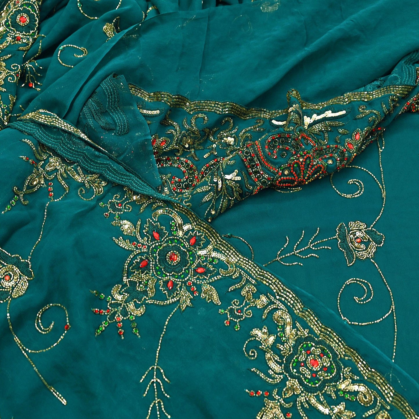 Indian Heavy Bridal Sarees Green Pure Georgette Silk Hand Embroidered Sari Fabric 5Yd Sewing Ethnic Zardozi/dabka zari Wedding sarees
