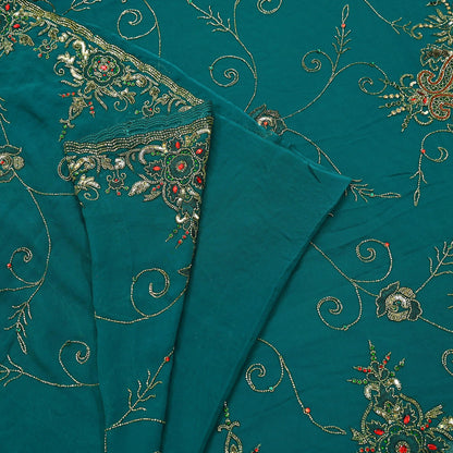 Indian Heavy Bridal Sarees Green Pure Georgette Silk Hand Embroidered Sari Fabric 5Yd Sewing Ethnic Zardozi/dabka zari Wedding sarees