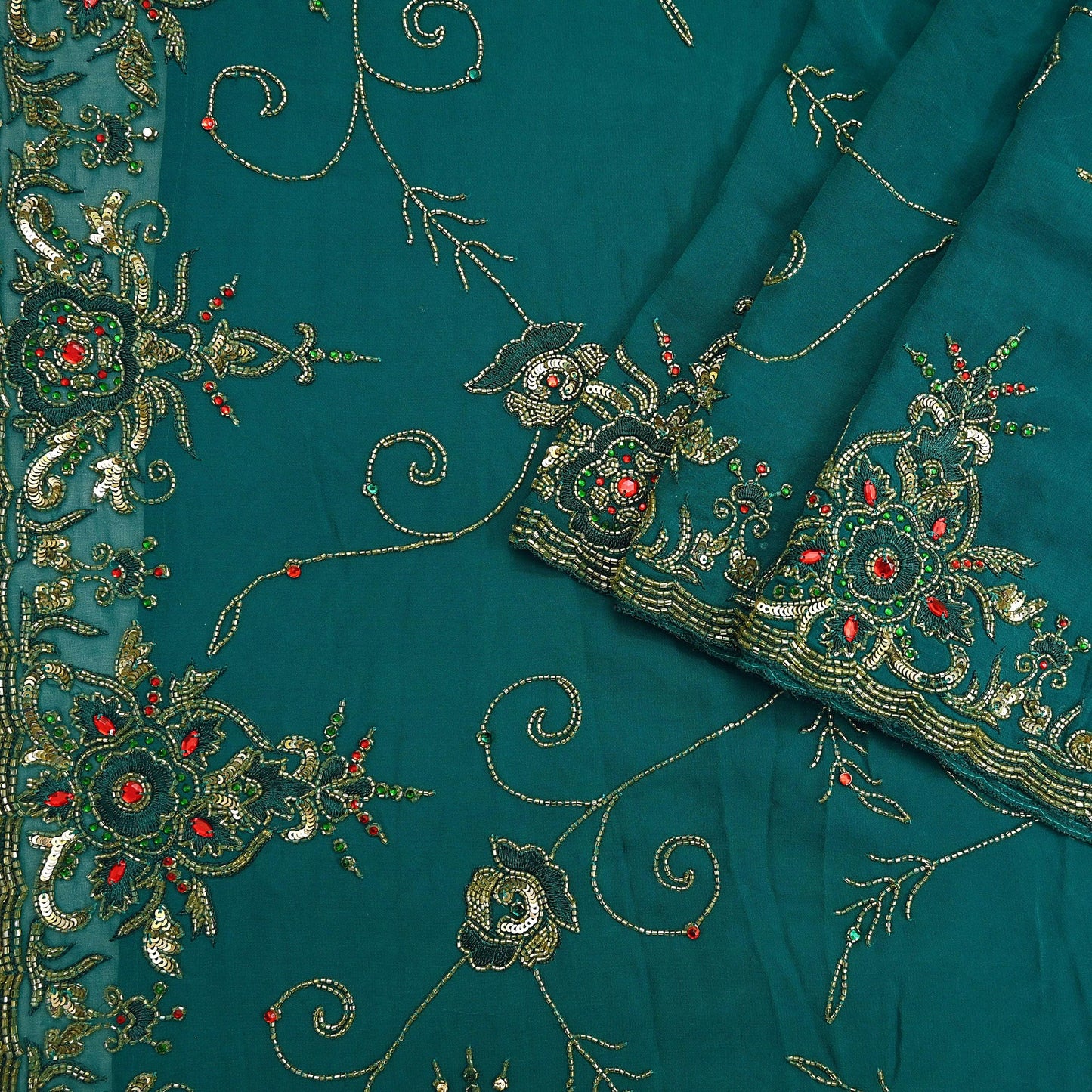 Indian Heavy Bridal Sarees Green Pure Georgette Silk Hand Embroidered Sari Fabric 5Yd Sewing Ethnic Zardozi/dabka zari Wedding sarees