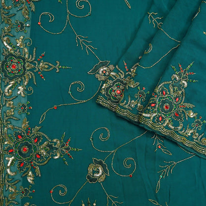 Indian Heavy Bridal Sarees Green Pure Georgette Silk Hand Embroidered Sari Fabric 5Yd Sewing Ethnic Zardozi/dabka zari Wedding sarees