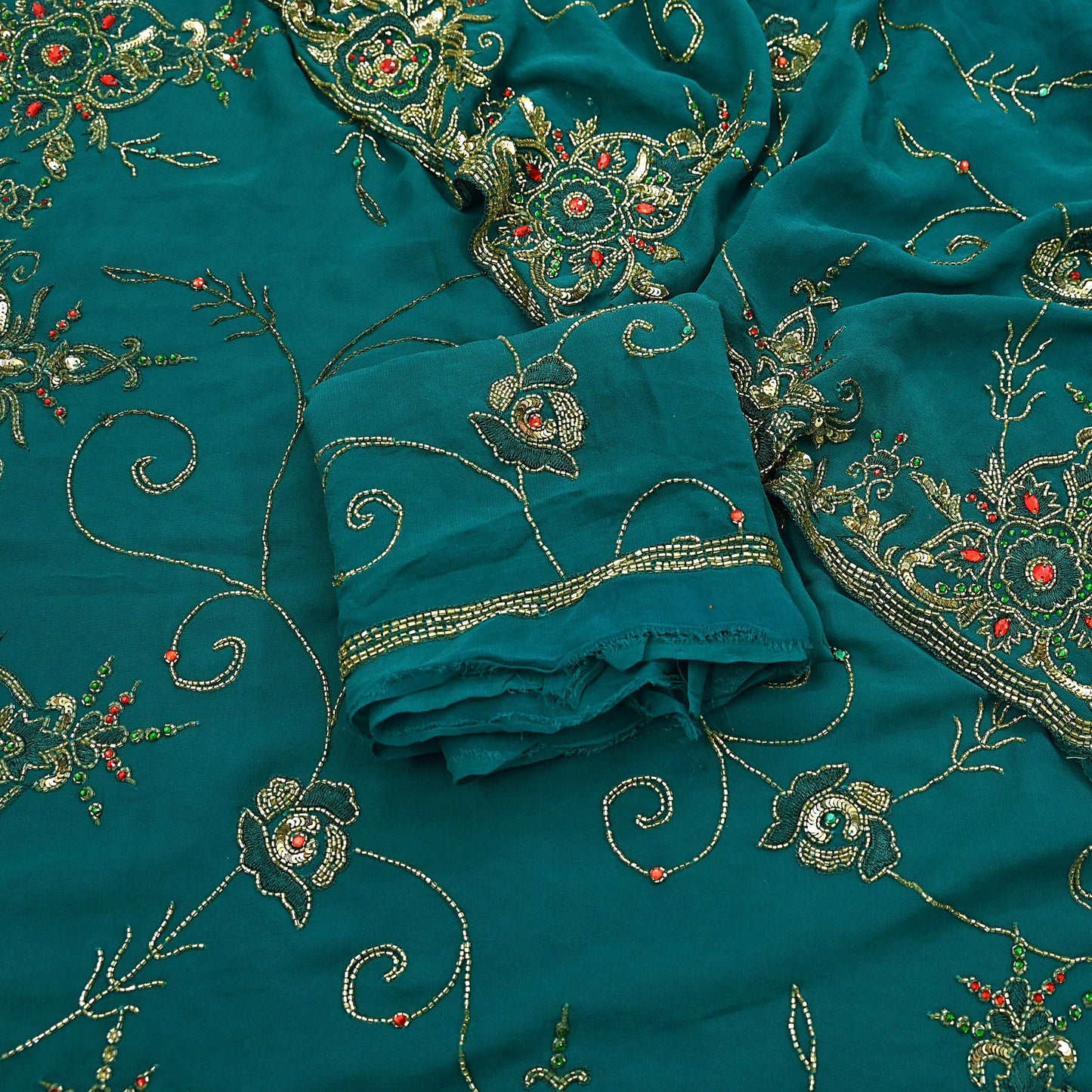 Indian Heavy Bridal Sarees Green Pure Georgette Silk Hand Embroidered Sari Fabric 5Yd Sewing Ethnic Zardozi/dabka zari Wedding sarees