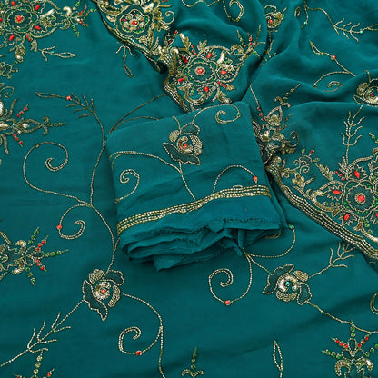 Indian Heavy Bridal Sarees Green Pure Georgette Silk Hand Embroidered Sari Fabric 5Yd Sewing Ethnic Zardozi/dabka zari Wedding sarees