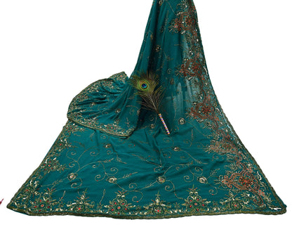Indian Heavy Bridal Sarees Green Pure Georgette Silk Hand Embroidered Sari Fabric 5Yd Sewing Ethnic Zardozi/dabka zari Wedding sarees