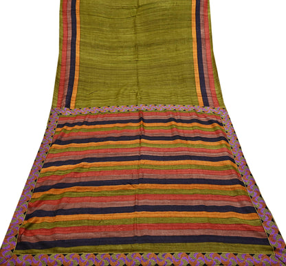 Indian Vintage Green Saree Pure Khadi Silk Handloom Printed Sari Fabric 5yd Ethnic Wear Sari Floral Designs Dress making Crafting