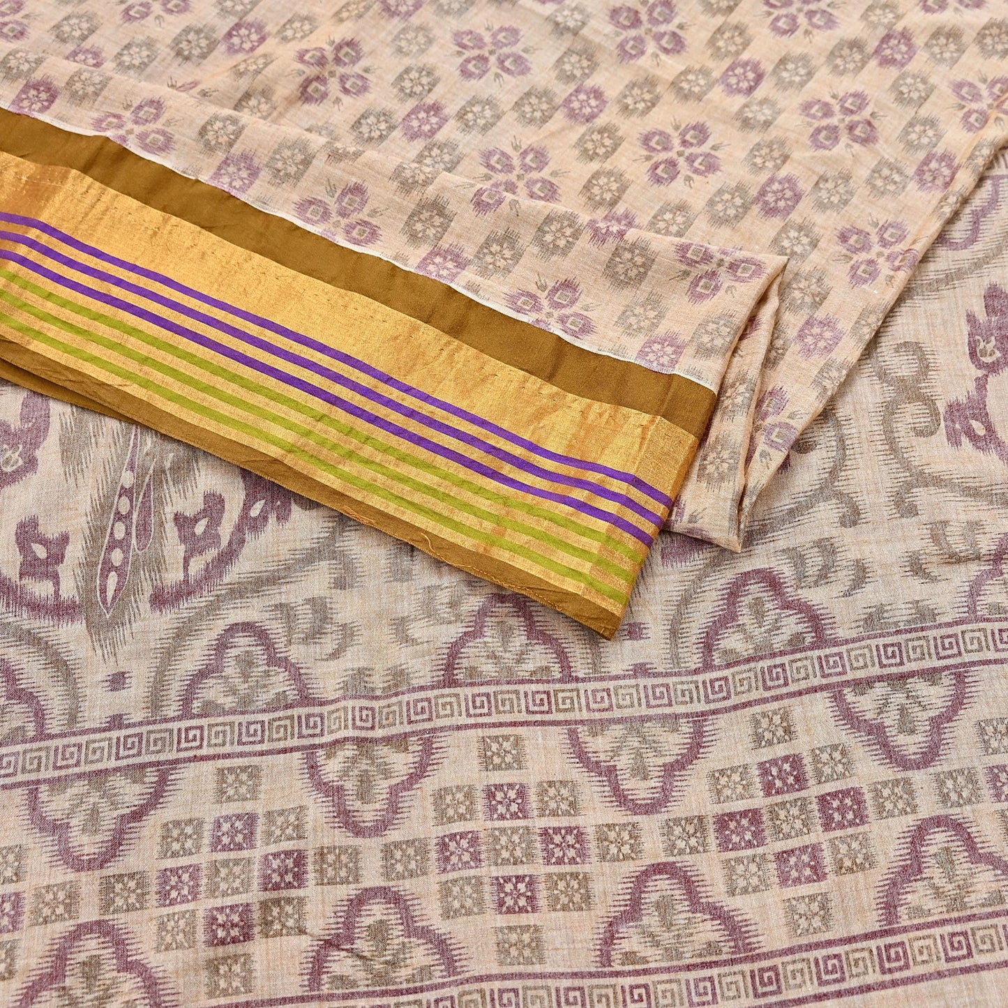 Indian Vintage Sari Beige Printed Pure Cotton Sarees Craft Fabric 5Yd Soft Sewing Sarong Wrap Boho Floral Quilting Dress making zari border