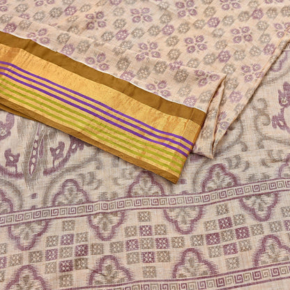 Indian Vintage Sari Beige Printed Pure Cotton Sarees Craft Fabric 5Yd Soft Sewing Sarong Wrap Boho Floral Quilting Dress making zari border