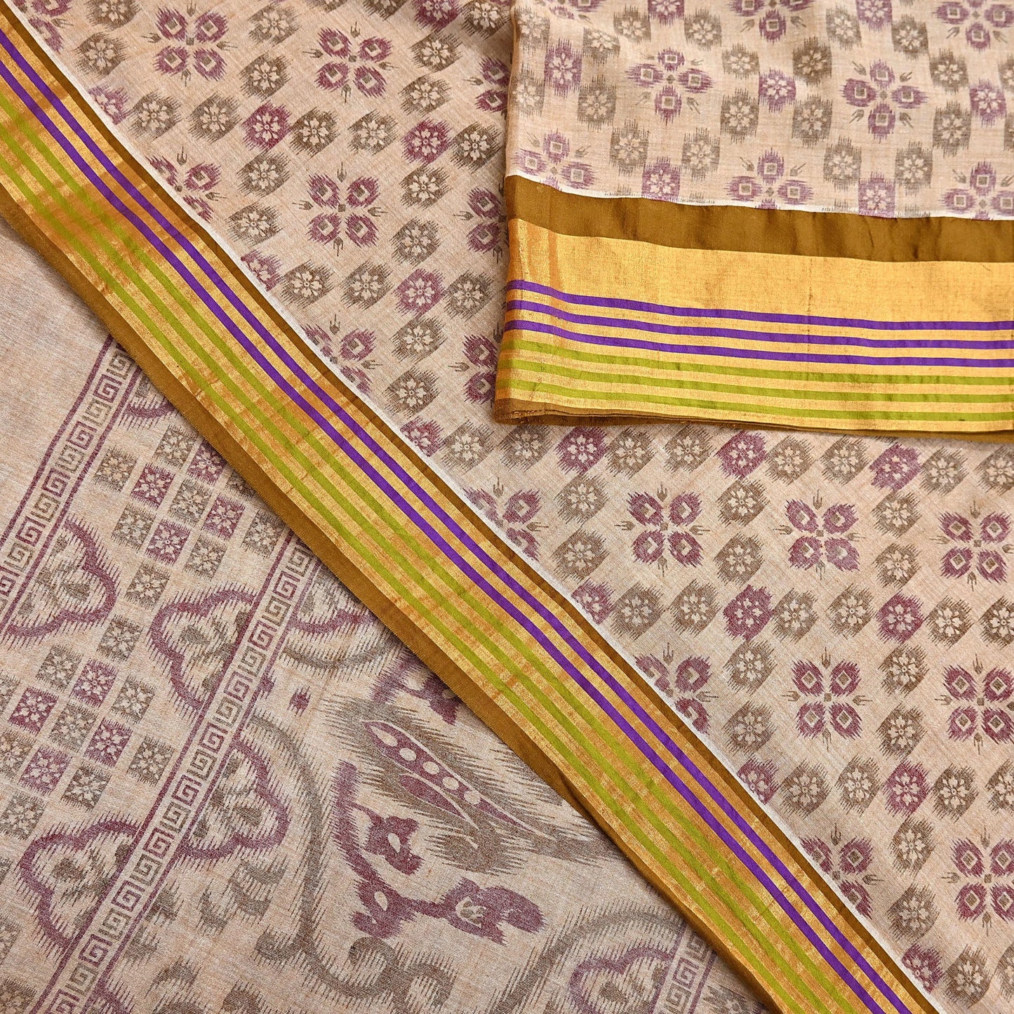 Indian Vintage Sari Beige Printed Pure Cotton Sarees Craft Fabric 5Yd Soft Sewing Sarong Wrap Boho Floral Quilting Dress making zari border