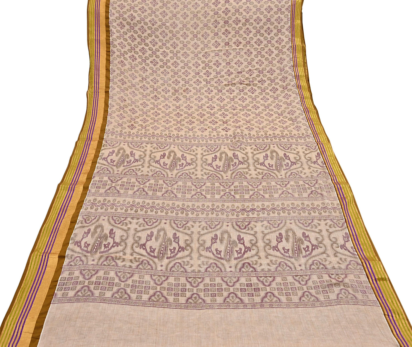Indian Vintage Sari Beige Printed Pure Cotton Sarees Craft Fabric 5Yd Soft Sewing Sarong Wrap Boho Floral Quilting Dress making zari border