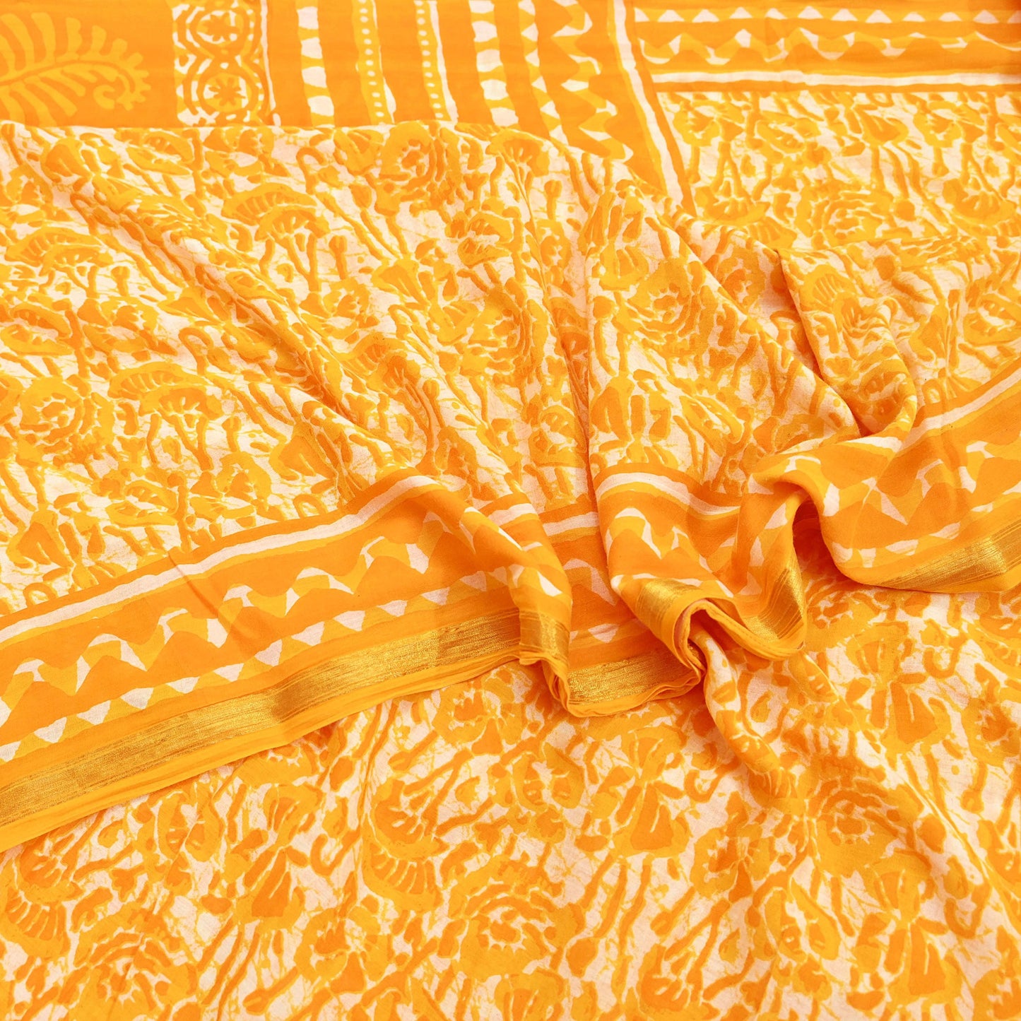 Indian Vintage Sari Yellow & white Batik Printed Pure Cotton Saree Craft Fabric 5Yd Sewing Soft Sarong Wrap Boho Dress Making Quilting
