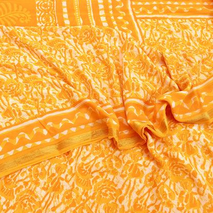 Indian Vintage Sari Yellow & white Batik Printed Pure Cotton Saree Craft Fabric 5Yd Sewing Soft Sarong Wrap Boho Dress Making Quilting