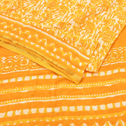 Indian Vintage Sari Yellow & white Batik Printed Pure Cotton Saree Craft Fabric 5Yd Sewing Soft Sarong Wrap Boho Dress Making Quilting