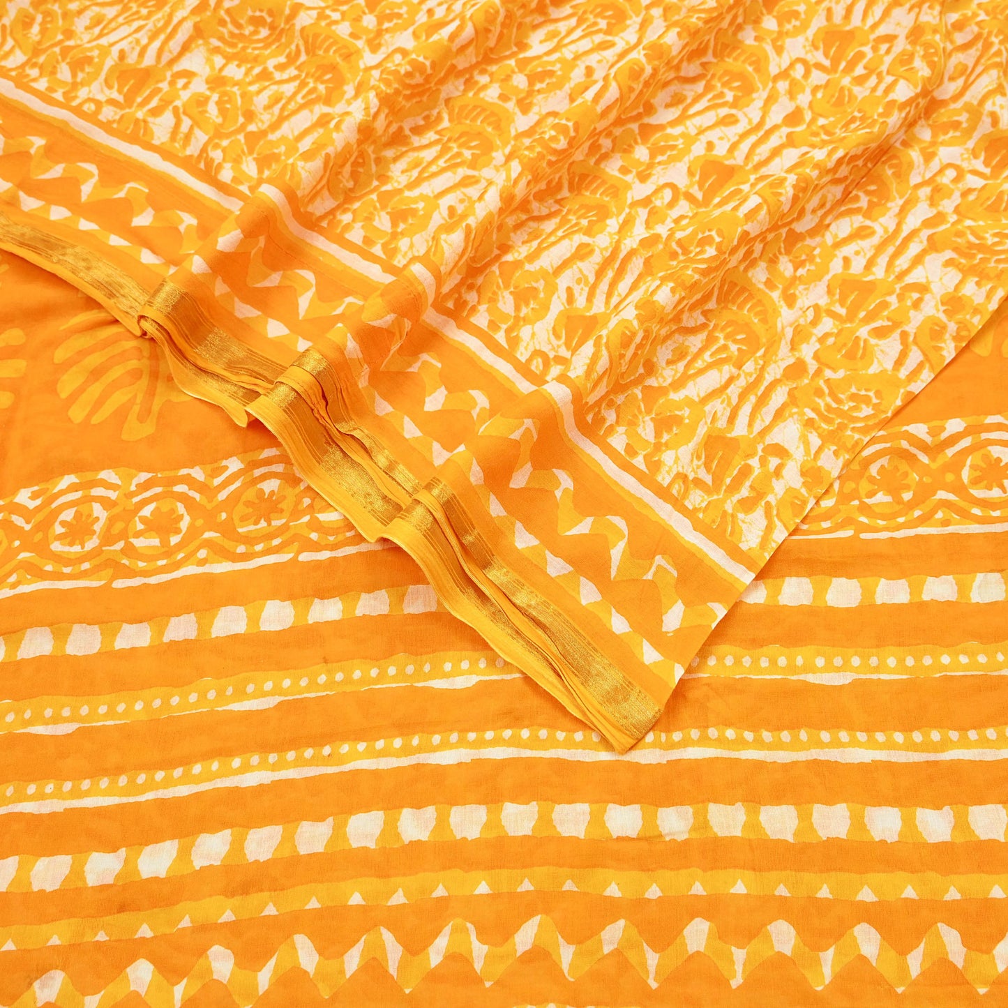 Indian Vintage Sari Yellow & white Batik Printed Pure Cotton Saree Craft Fabric 5Yd Sewing Soft Sarong Wrap Boho Dress Making Quilting