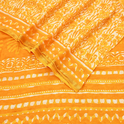 Indian Vintage Sari Yellow & white Batik Printed Pure Cotton Saree Craft Fabric 5Yd Sewing Soft Sarong Wrap Boho Dress Making Quilting