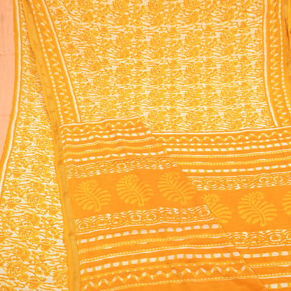 Indian Vintage Sari Yellow & white Batik Printed Pure Cotton Saree Craft Fabric 5Yd Sewing Soft Sarong Wrap Boho Dress Making Quilting