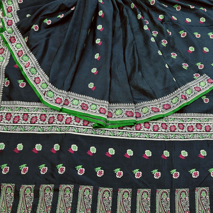 Indian Vintage Sari Black 100% Pure Silk Hand Woven Sarees Craft Fabric 5Yd Ethnic Sewing Dress making Crafting Quilting Upcycle