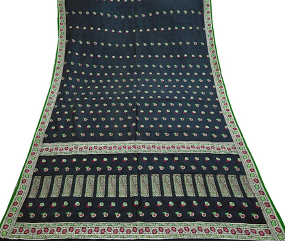 Indian Vintage Sari Black 100% Pure Silk Hand Woven Sarees Craft Fabric 5Yd Ethnic Sewing Dress making Crafting Quilting Upcycle