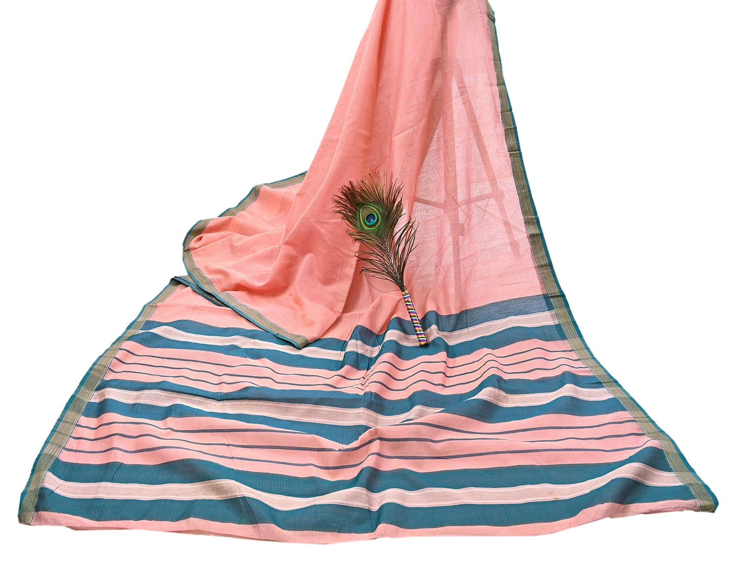 Indian Vintage Sari Peach Pure Chanderi Cotton Hand Woven Sarees 5Yd Craft Fabric Soft Sewing Sarong Dress Making Quilting Crafting