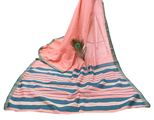 Indian Vintage Sari Peach Pure Chanderi Cotton Hand Woven Sarees 5Yd Craft Fabric Soft Sewing Sarong Dress Making Quilting Crafting