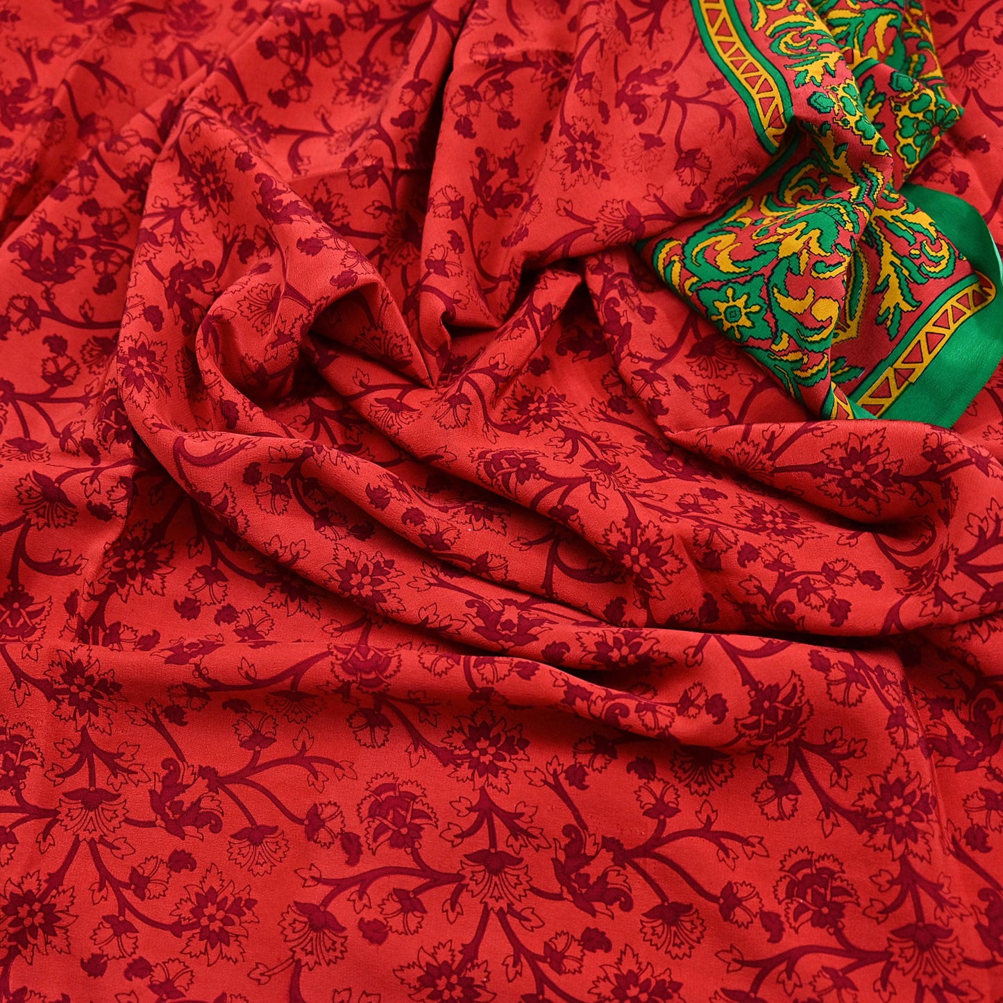 EXCELLENT QUALITY Indian Vintage Orange & Green Saree Pure Crepe Silk Printed Sari 6yd Sewing Floral Soft Craft Fabric Wrap Dress Making