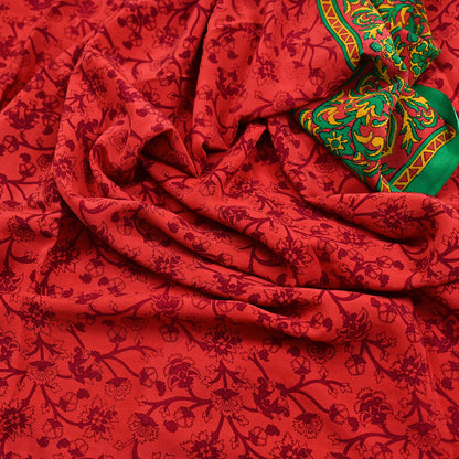 EXCELLENT QUALITY Indian Vintage Orange & Green Saree Pure Crepe Silk Printed Sari 6yd Sewing Floral Soft Craft Fabric Wrap Dress Making