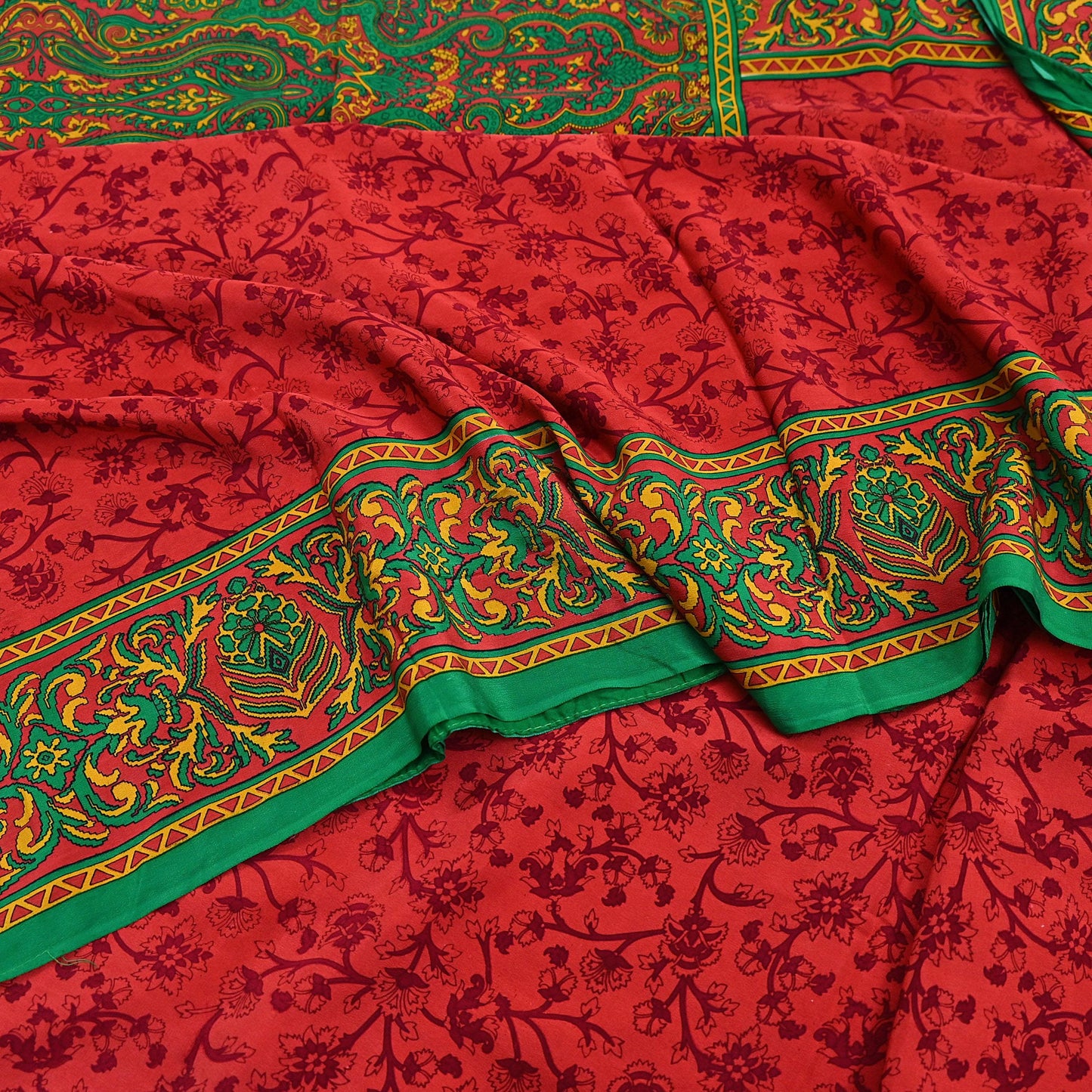 EXCELLENT QUALITY Indian Vintage Orange & Green Saree Pure Crepe Silk Printed Sari 6yd Sewing Floral Soft Craft Fabric Wrap Dress Making