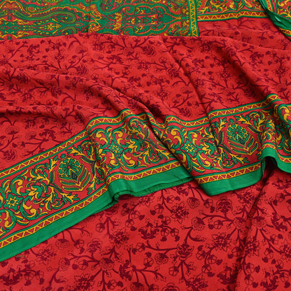 EXCELLENT QUALITY Indian Vintage Orange & Green Saree Pure Crepe Silk Printed Sari 6yd Sewing Floral Soft Craft Fabric Wrap Dress Making