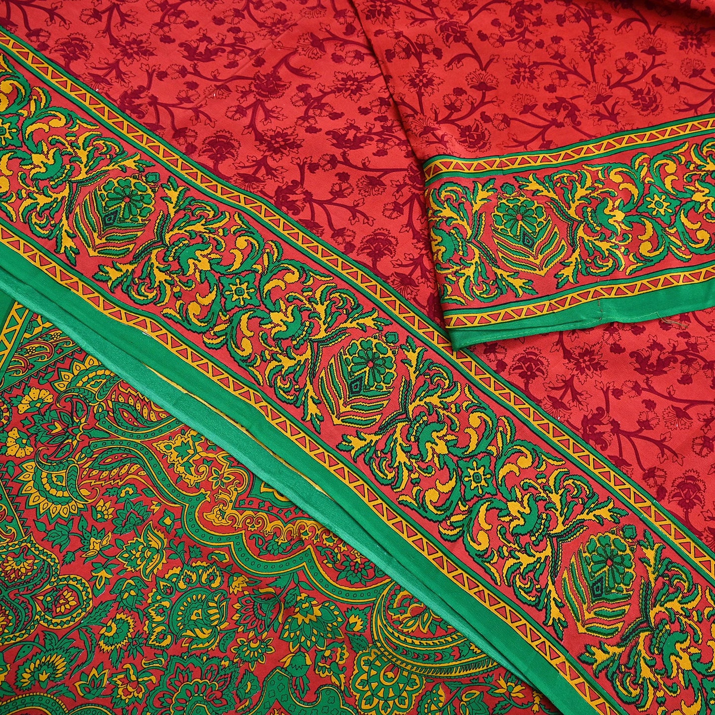 EXCELLENT QUALITY Indian Vintage Orange & Green Saree Pure Crepe Silk Printed Sari 6yd Sewing Floral Soft Craft Fabric Wrap Dress Making