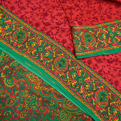 EXCELLENT QUALITY Indian Vintage Orange & Green Saree Pure Crepe Silk Printed Sari 6yd Sewing Floral Soft Craft Fabric Wrap Dress Making