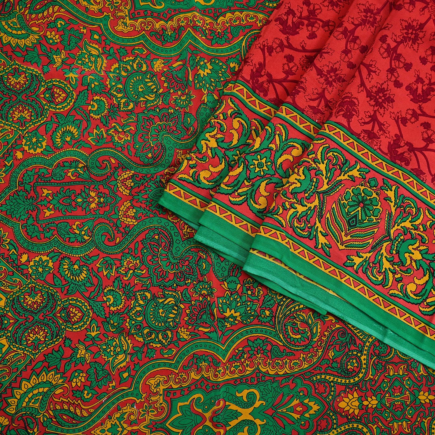 EXCELLENT QUALITY Indian Vintage Orange & Green Saree Pure Crepe Silk Printed Sari 6yd Sewing Floral Soft Craft Fabric Wrap Dress Making