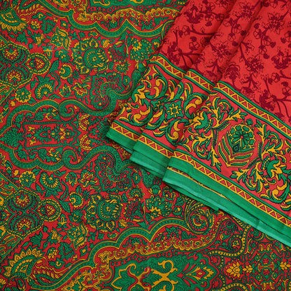 EXCELLENT QUALITY Indian Vintage Orange & Green Saree Pure Crepe Silk Printed Sari 6yd Sewing Floral Soft Craft Fabric Wrap Dress Making