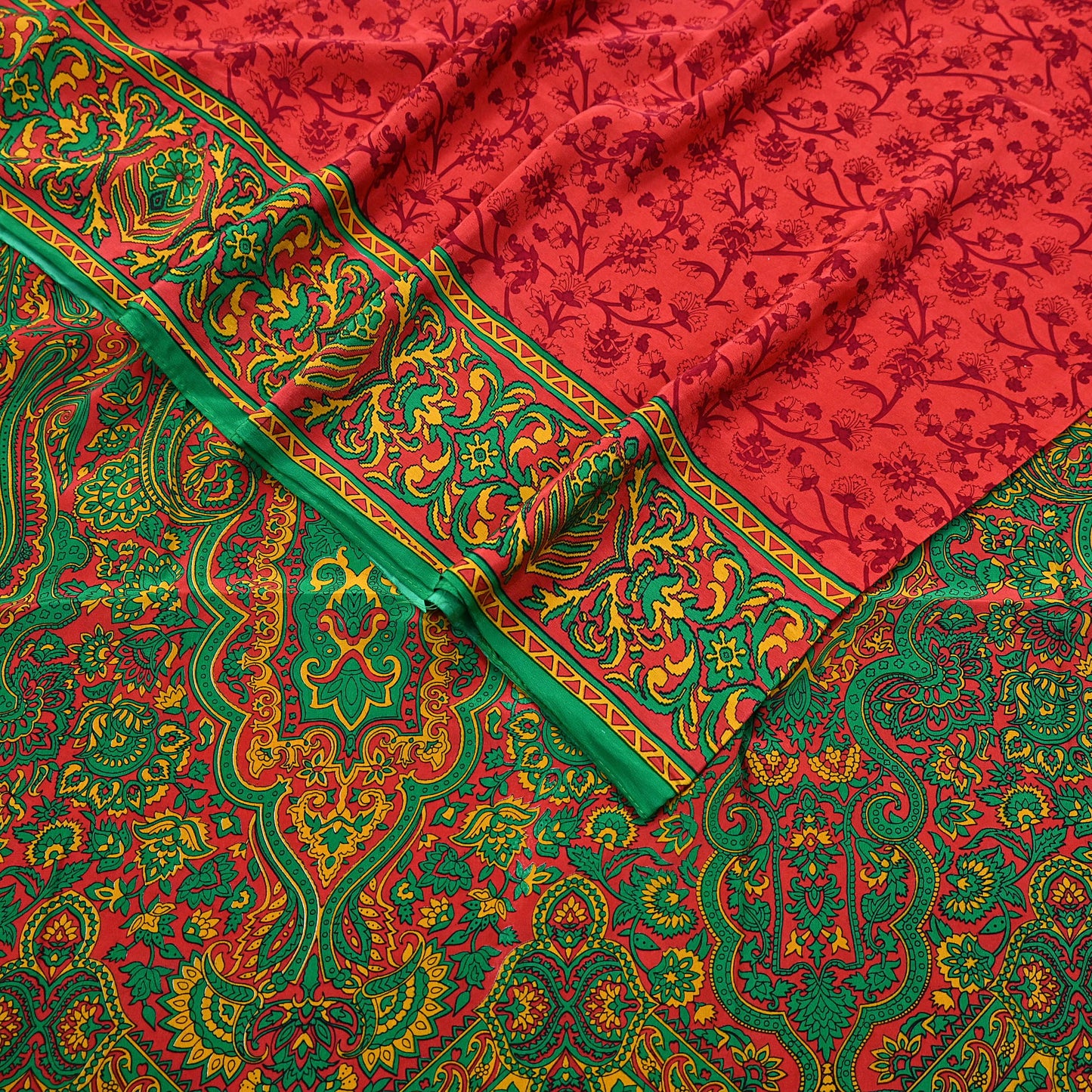 EXCELLENT QUALITY Indian Vintage Orange & Green Saree Pure Crepe Silk Printed Sari 6yd Sewing Floral Soft Craft Fabric Wrap Dress Making