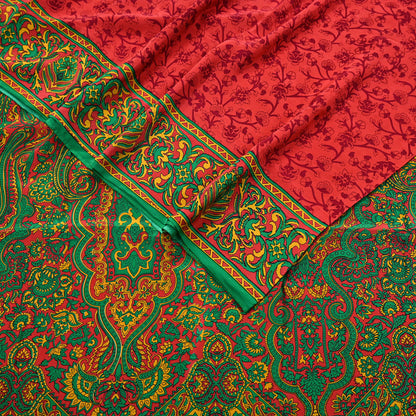 EXCELLENT QUALITY Indian Vintage Orange & Green Saree Pure Crepe Silk Printed Sari 6yd Sewing Floral Soft Craft Fabric Wrap Dress Making