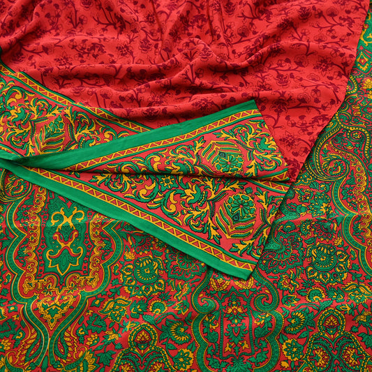 EXCELLENT QUALITY Indian Vintage Orange & Green Saree Pure Crepe Silk Printed Sari 6yd Sewing Floral Soft Craft Fabric Wrap Dress Making