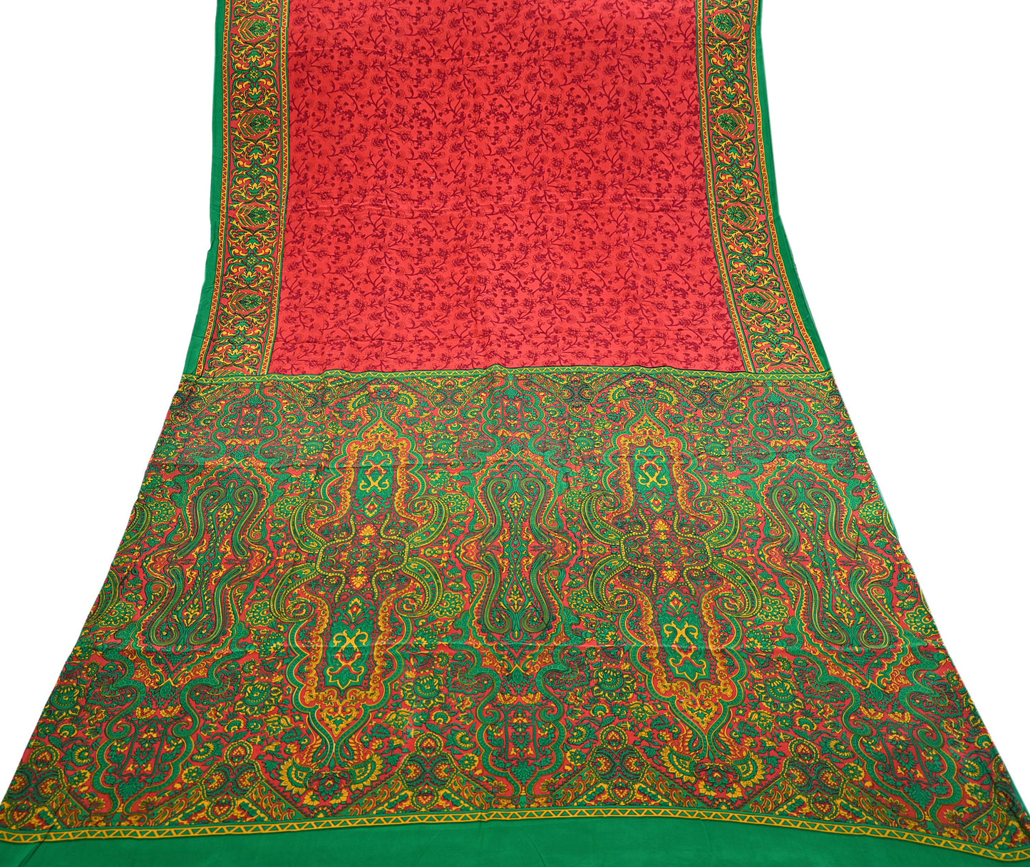 EXCELLENT QUALITY Indian Vintage Orange & Green Saree Pure Crepe Silk Printed Sari 6yd Sewing Floral Soft Craft Fabric Wrap Dress Making