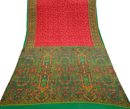 EXCELLENT QUALITY Indian Vintage Orange & Green Saree Pure Crepe Silk Printed Sari 6yd Sewing Floral Soft Craft Fabric Wrap Dress Making