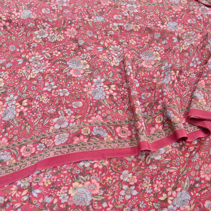 Indian Vintage Sari Pink Pure Crepe Silk Printed Saree 5yard Sewing Quilting Floral Soft Craft Fabric Wrap