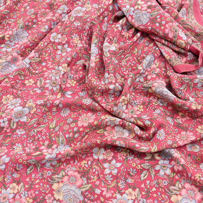 Indian Vintage Sari Pink Pure Crepe Silk Printed Saree 5yard Sewing Quilting Floral Soft Craft Fabric Wrap