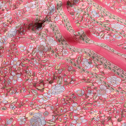 Indian Vintage Sari Pink Pure Crepe Silk Printed Saree 5yard Sewing Quilting Floral Soft Craft Fabric Wrap