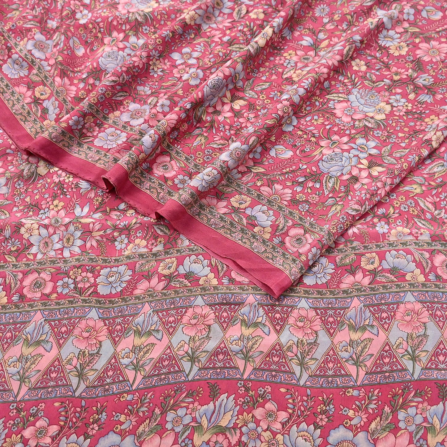 Indian Vintage Sari Pink Pure Crepe Silk Printed Saree 5yard Sewing Quilting Floral Soft Craft Fabric Wrap