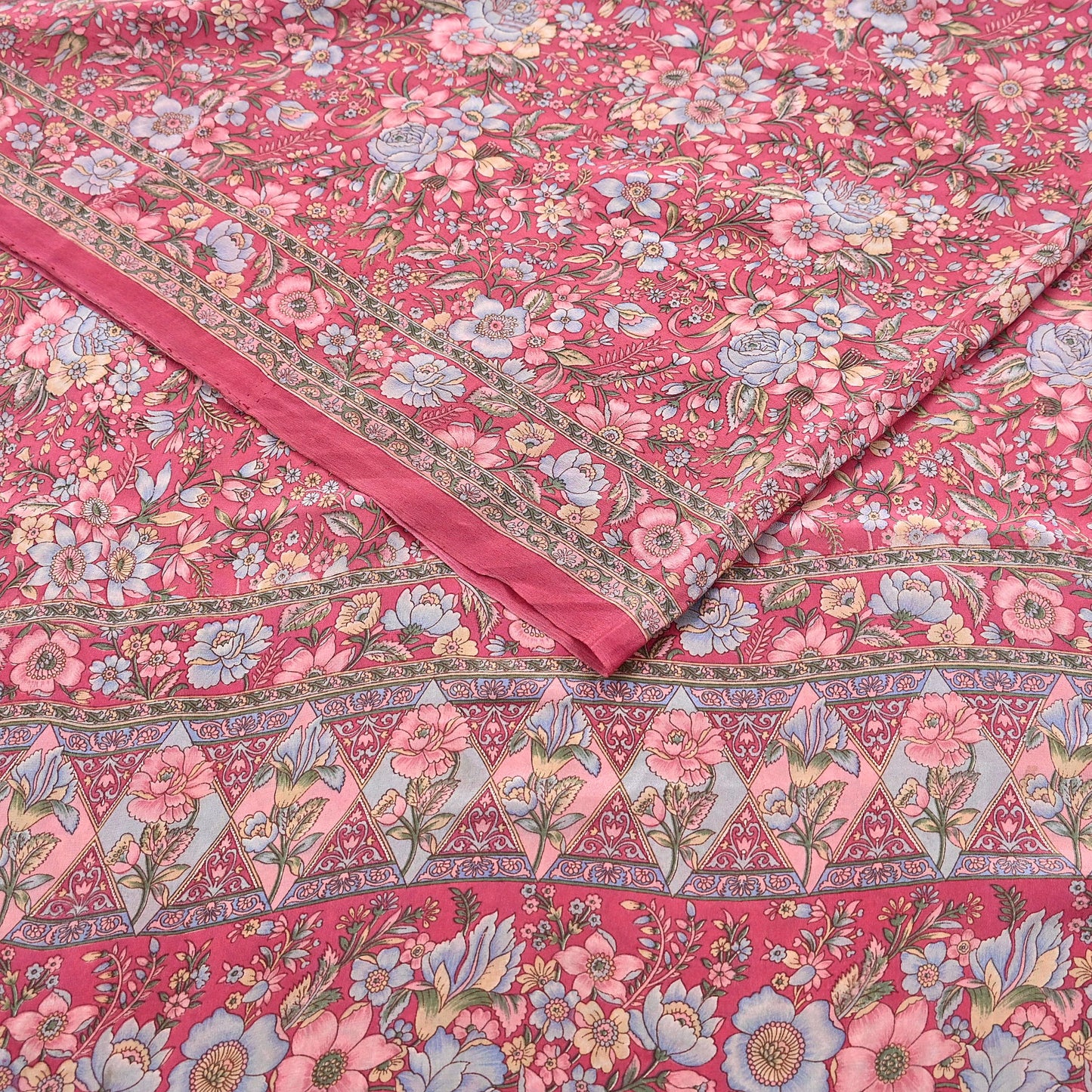 Indian Vintage Sari Pink Pure Crepe Silk Printed Saree 5yard Sewing Quilting Floral Soft Craft Fabric Wrap