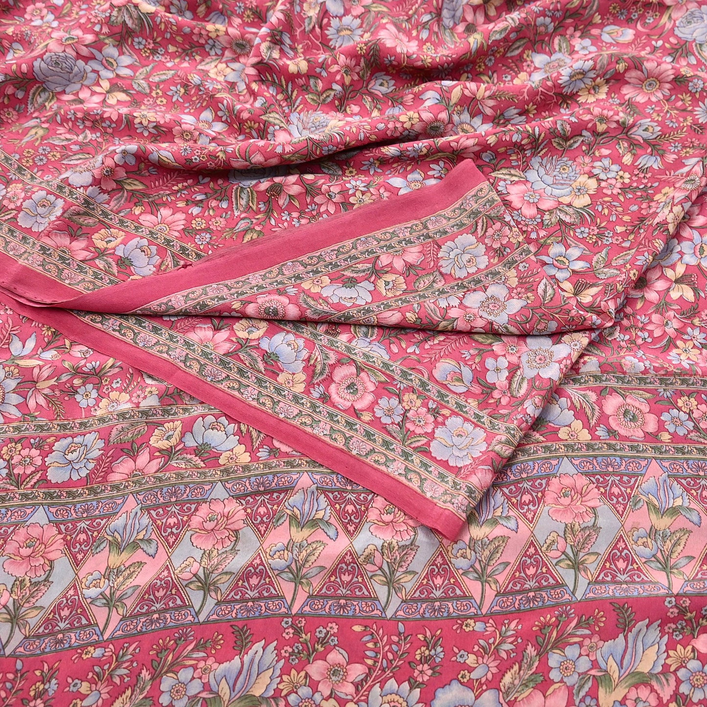 Indian Vintage Sari Pink Pure Crepe Silk Printed Saree 5yard Sewing Quilting Floral Soft Craft Fabric Wrap