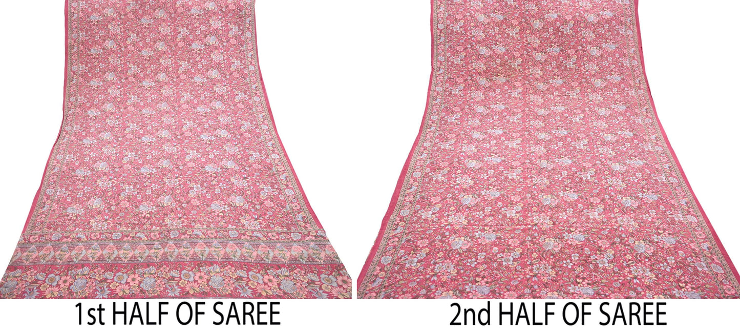 Indian Vintage Sari Pink Pure Crepe Silk Printed Saree 5yard Sewing Quilting Floral Soft Craft Fabric Wrap