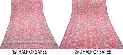 Indian Vintage Sari Pink Pure Crepe Silk Printed Saree 5yard Sewing Quilting Floral Soft Craft Fabric Wrap