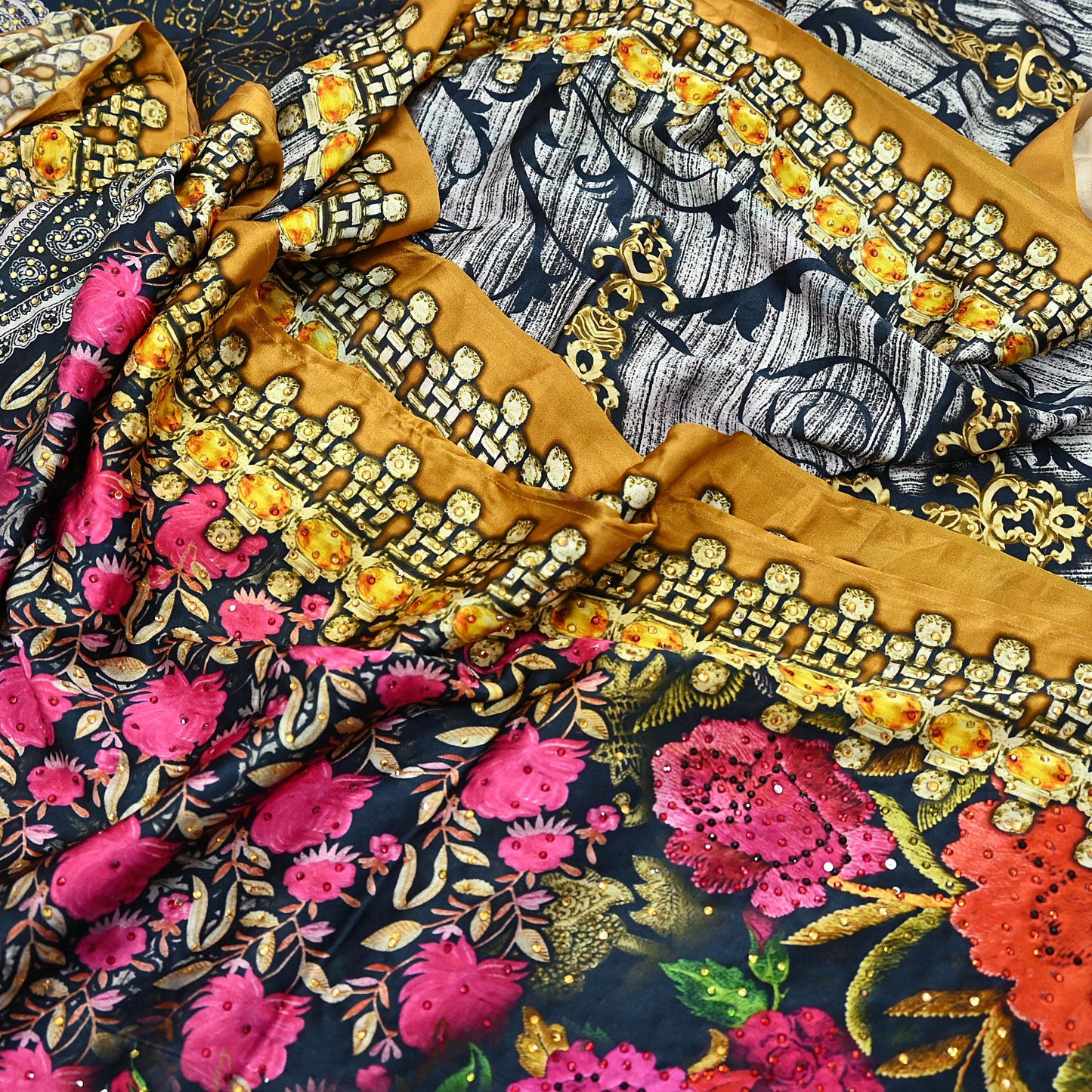 Indian Vintage Saree Gray & Black Pure Satin Silk Digital hand beaded Printed Sari 6yd Sewing Soft Craft Fabric Dress Making Crafting