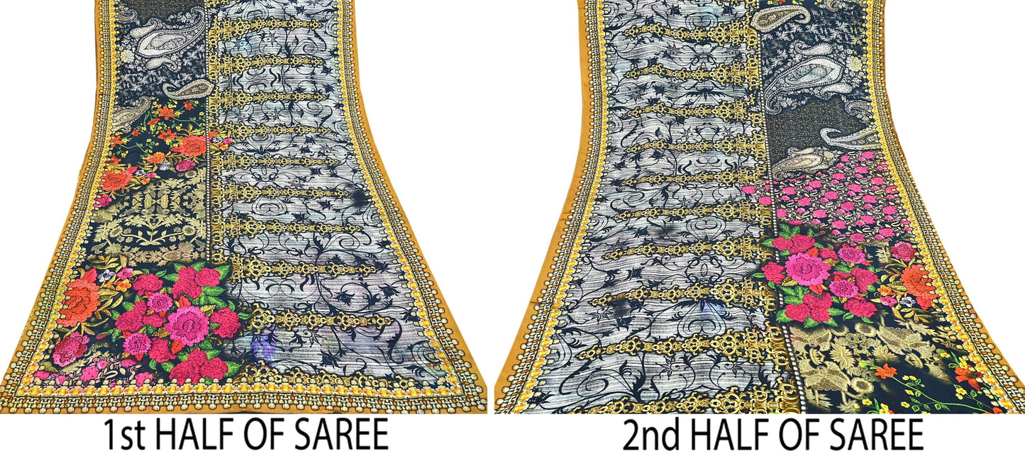 Indian Vintage Saree Gray & Black Pure Satin Silk Digital hand beaded Printed Sari 6yd Sewing Soft Craft Fabric Dress Making Crafting