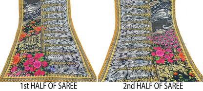 Indian Vintage Saree Gray & Black Pure Satin Silk Digital hand beaded Printed Sari 6yd Sewing Soft Craft Fabric Dress Making Crafting
