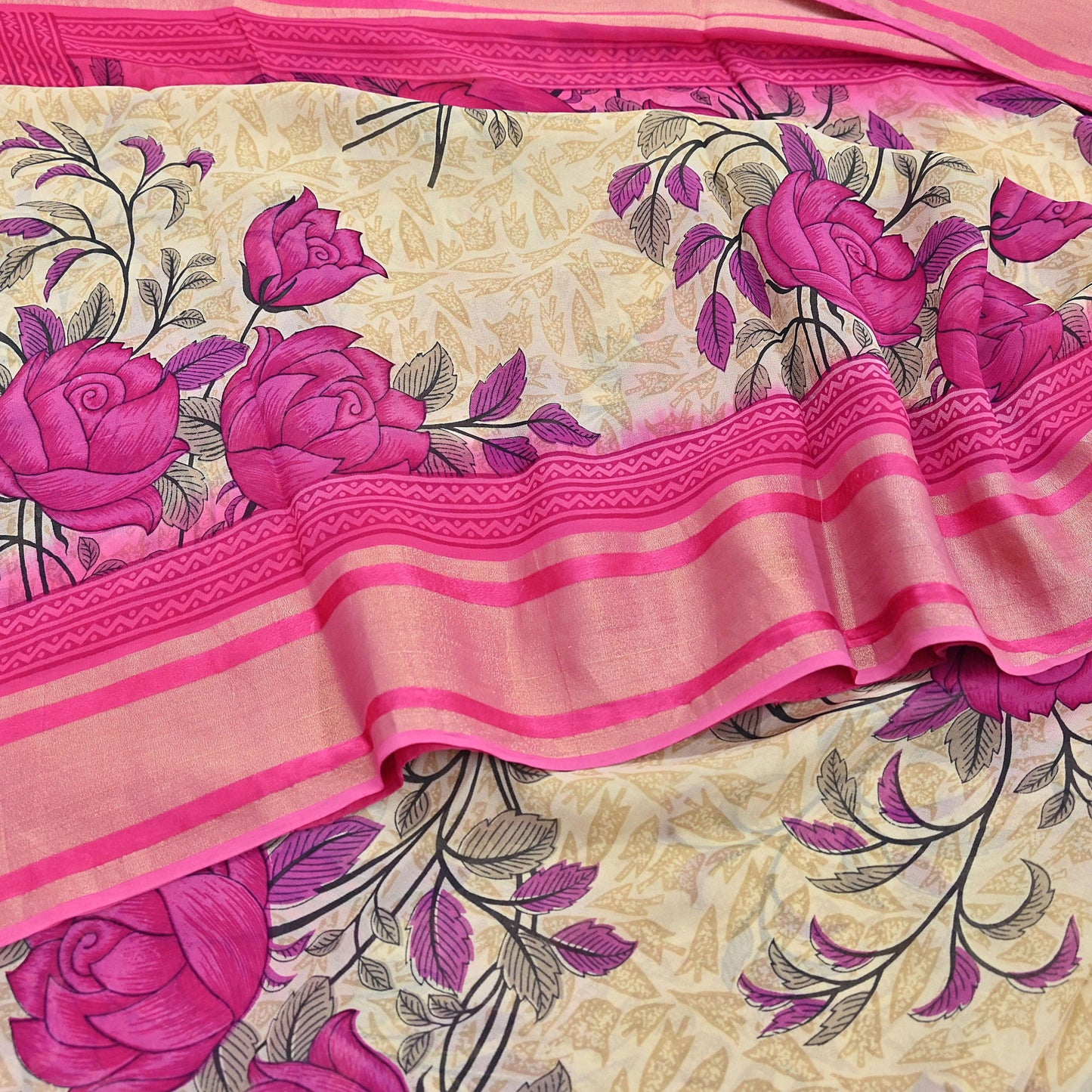 Indian Women Vintage Sari Beige & Pink Blend Georgette Printed Sarees Sewing 5yd Soft Craft Floral Wrap Boho Zari