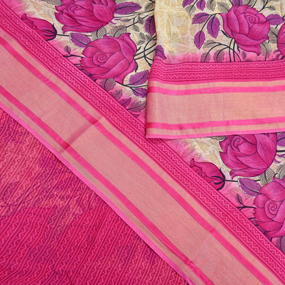 Indian Women Vintage Sari Beige & Pink Blend Georgette Printed Sarees Sewing 5yd Soft Craft Floral Wrap Boho Zari