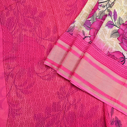 Indian Women Vintage Sari Beige & Pink Blend Georgette Printed Sarees Sewing 5yd Soft Craft Floral Wrap Boho Zari